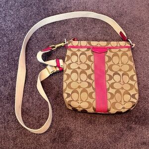Coach Signature Canvas Crossbody with Pink Trim and Cream Strap